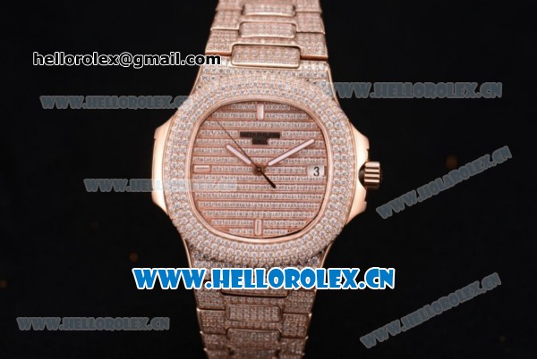 Patek Philippe Jumbo Nautilus Clone PP Automatic Rose Gold/Diamonds Case with Diamonds Dial and Stick Markers - Click Image to Close